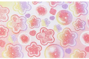 Close-up of cute Korean style glittery stickers with colorful stars and bubbles