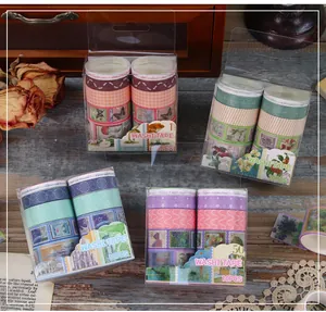 Decorative vintage post office washi tape sets in transparent gift packaging boxes with 10 rolls