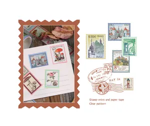 Collage of vintage postage stamp stickers and washi tape for handbook decoration