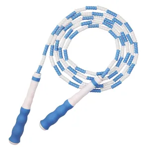 Adjustable blue and white bamboo beaded jump rope for kids workout with non-slip handles