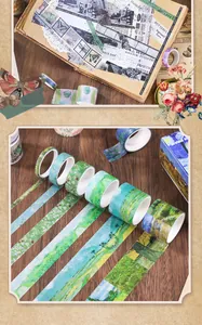 Dettaglio di 18 rotoli di nastro washi vintage con motivi floreali e paesaggistici