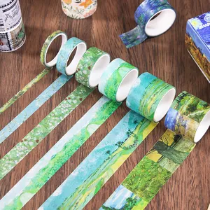 Set di nastri washi vintage con pittura a olio impressionista su legno