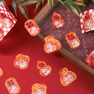 Chinese Nieuwjaar stickers met goudfolie en cartoon paarden op rood