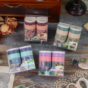 Vintage washi tape set with stamp and botanical patterns, 10 rolls in decorative boxes