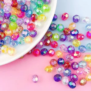 Detailed macro view of multi-colored 6-8mm faceted acrylic beads with iridescent AB coating