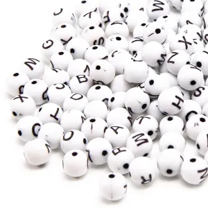 Detail view of 8mm white acrylic round beads with black printed letters for DIY crafts