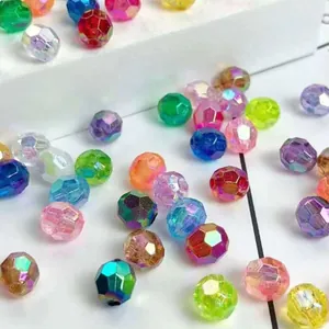 Close-up of 32-facet colorful acrylic beads with brilliant AB iridescent coating