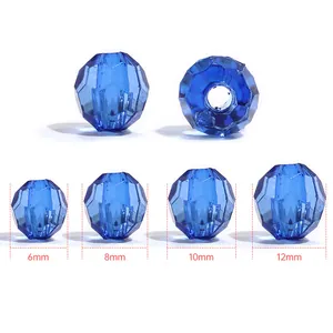 Detailed size comparison of transparent blue faceted acrylic beads for DIY jewelry