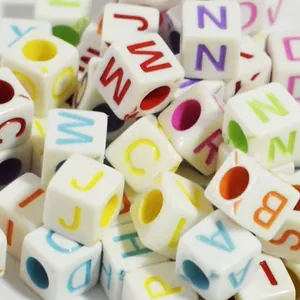 6mm white acrylic cube beads with colorful printed letters for DIY jewelry making crafts