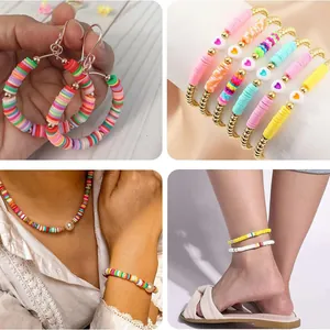 Multiple views showing colorful heishi bead earrings, bracelets, and anklets on models