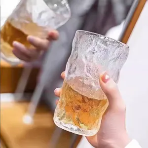 Modern glacier texture glass cup for water, beer, or iced coffee with unique hammered finish
