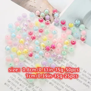 Macro detail of 8mm and 10mm colorful acrylic beads for DIY handmade jewelry crafting.