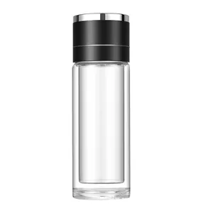 Hochwertige doppelwandige Trinkflasche aus Borosilikatglas mit schwarzem Metalldeckel