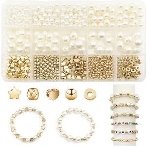 Set di Perline per Creazione Gioielli Fai da Te Perla Artificiale Bianca Lega Dorata Pentagramma Cuore Perline Distanziatrici per Bracciale