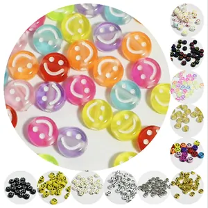 Acrylic Smiley Face Round Flat Loose Beads For DIY Bracelet Necklace Children Educational Handcraft Jewelry Making Beads Pack