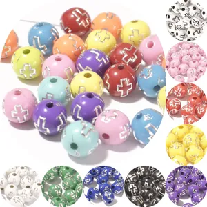 Round Acrylic Beads With Silver Cross Pattern Printed Loose Beads For DIY Jewelry Making Bracelet Necklace Accessories