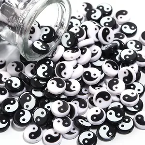 Acrylic Yin Yang Tai Chi Pattern Flat Round Loose Beads For Jewelry Making DIY Handmade Bracelet Necklace Accessory