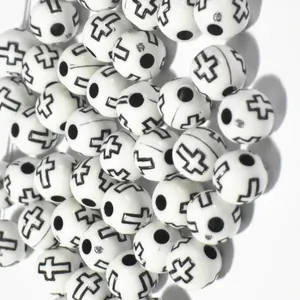 8mm white acrylic round beads with black cross pattern for DIY jewelry making