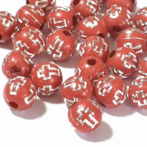 Red 8mm acrylic round beads featuring a silver cross design for DIY handmade jewelry crafting