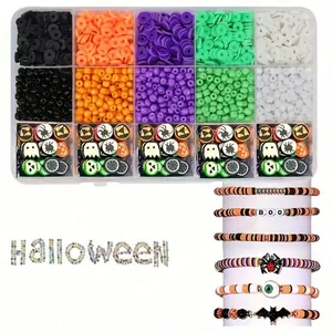 2000pcs Halloween Clay Bead Bracelet Making Kit 15 Grids DIY Jewelry Set Polymer Clay Pumpkin Bat Ghost Charms For Kids Adults