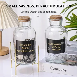 Hucha minimalista de cristal transparente de gran capacidad con tapa de corcho y etiquetas