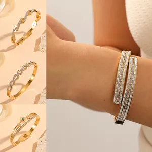 Stainless Steel Evil Eye Flower Bangle Bracelet For Women Gold Vacuum Electroplated Rhinestone Pave Hinged Bangle Fashion Jewelry Gift