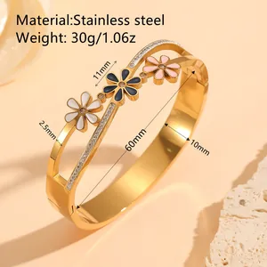 Gold plated stainless steel floral bangle with crystal details and dimensions