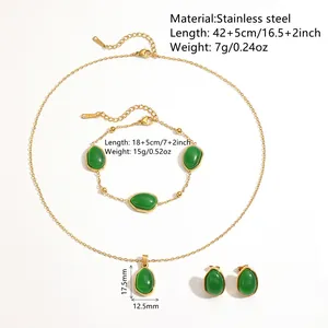 Parure de bijoux en acier inoxydable avec pierres œil-de-chat vertes collier bracelet