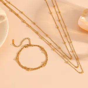Detail view of multi-layer titanium steel bead chain necklace and bracelet set in gold