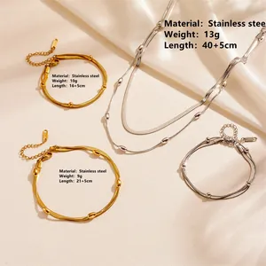 Minimalist stainless steel double-layered snake chain jewelry set with bead detail