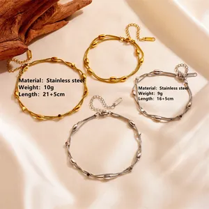 Minimalist double-layered stainless steel anklets with decorative beads in gold and silver