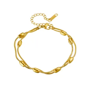 Double-layer gold stainless steel snake chain anklet with oval beads jewelry for women
