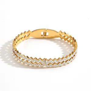 Elegant geometric zigzag gold plated titanium steel bangle with sparkling crystals for women