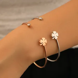 18K Verguld Titaniumstaal Klavertje Vier Open Armring Voor Vrouwen Strass Hart Bloem Mode Armring Sieraden Cadeau