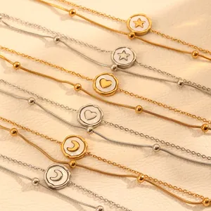 Detailed view of double-layer titanium steel anklets with heart star and moon charms