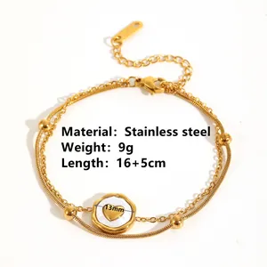 Gold stainless steel double-layer heart bracelet with material and product size details