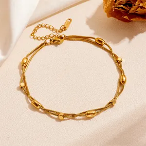 Elegant double-layered gold stainless steel anklet with square beads