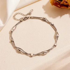 Elegant double-layered silver titanium steel anklet with square and oval beads