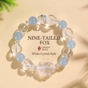 Braccialetto di Perline in Cristallo Bianco Naturale con Volpe a Nove Code Donna Ametista Quarzo Rosa Acquamarina Prehnite Pietra Elastica Fatto a Mano