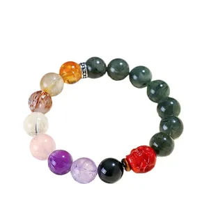 12mm natuurlijke groene rutielkwarts multi-edelsteen kralenarmband met doodskop