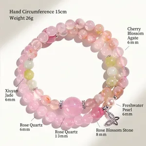 Bracciale a doppio strato in perle di quarzo rosa con ciondolo a farfalla e perla