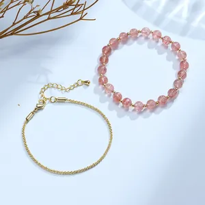 Natural Strawberry Quartz Bracelet For Women 14K Gold Filled Double Layer Crystal Bead Bracelet Minimalist Ins Style Jewelry Gift