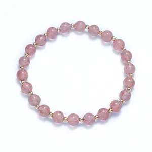 Natural strawberry quartz beaded bracelet with 14K gold-filled accents for women.