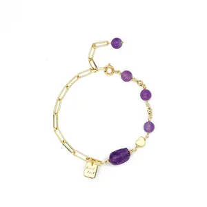 Elegant natural amethyst bead bracelet with gold Pixiu charm and paperclip chain link