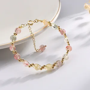 Natural Multi-color Rutilated Quartz Bracelet Hand Woven Gold-Plated Copper Wire Wrap Adjustable Niche Design Gemstone Jewelry For Women