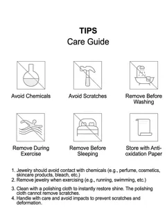 Comprehensive jewelry maintenance and care guide featuring instructional icons and tips