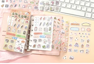 Close-up of cute pastel bubble frame stickers on a pink planner notebook