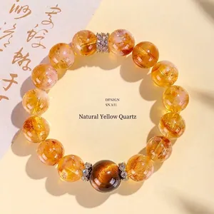 Bracelet Perlé en Citrine Naturelle et Oeil de Tigre pour Femme Bijoux en Pierre Faits Main Strass Alliage Fleur Cadeau