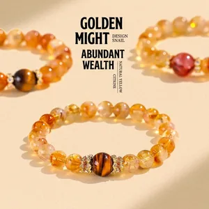 Bracelet en citrine naturelle et œil de tigre avec perles florales dorées pour femmes