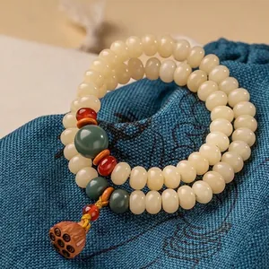 Crèmegeel Bodhi Wortel Armband Zen Stijl Dubbele Lus Abacus Kralen Armband Met Lotus Hanger Vrouwen Vintage Etnische Sieraden